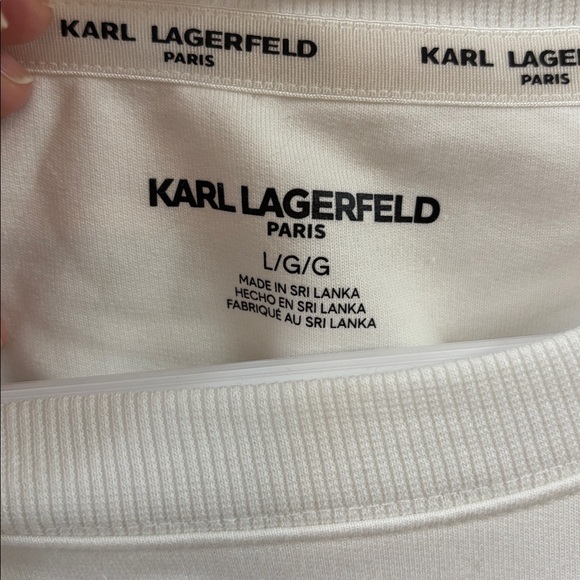 NWT Karl Lagerfeld Paris Long Sleeve High Low White Cat Top Sweatshirt Large - Picture 5 of 9